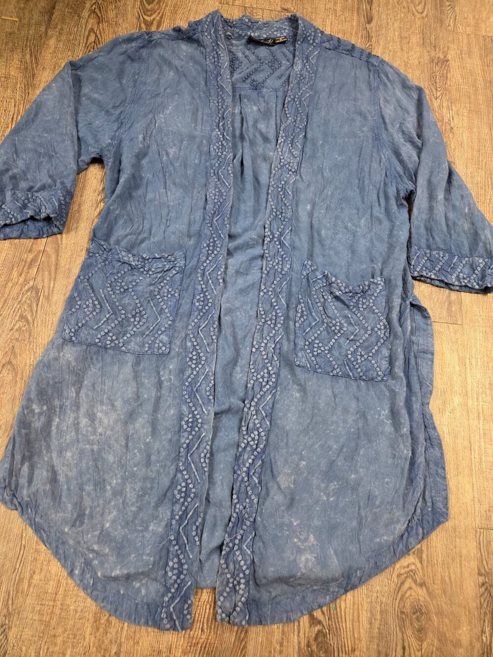 Lola P Mineral Wash Blue Rayon Cardigan Duster Made in India Size Large